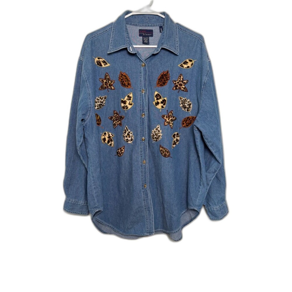 CST Blues 100% Cotton Denim Button-Up Shirt XXL Blue with Leopard Leaf Teacher